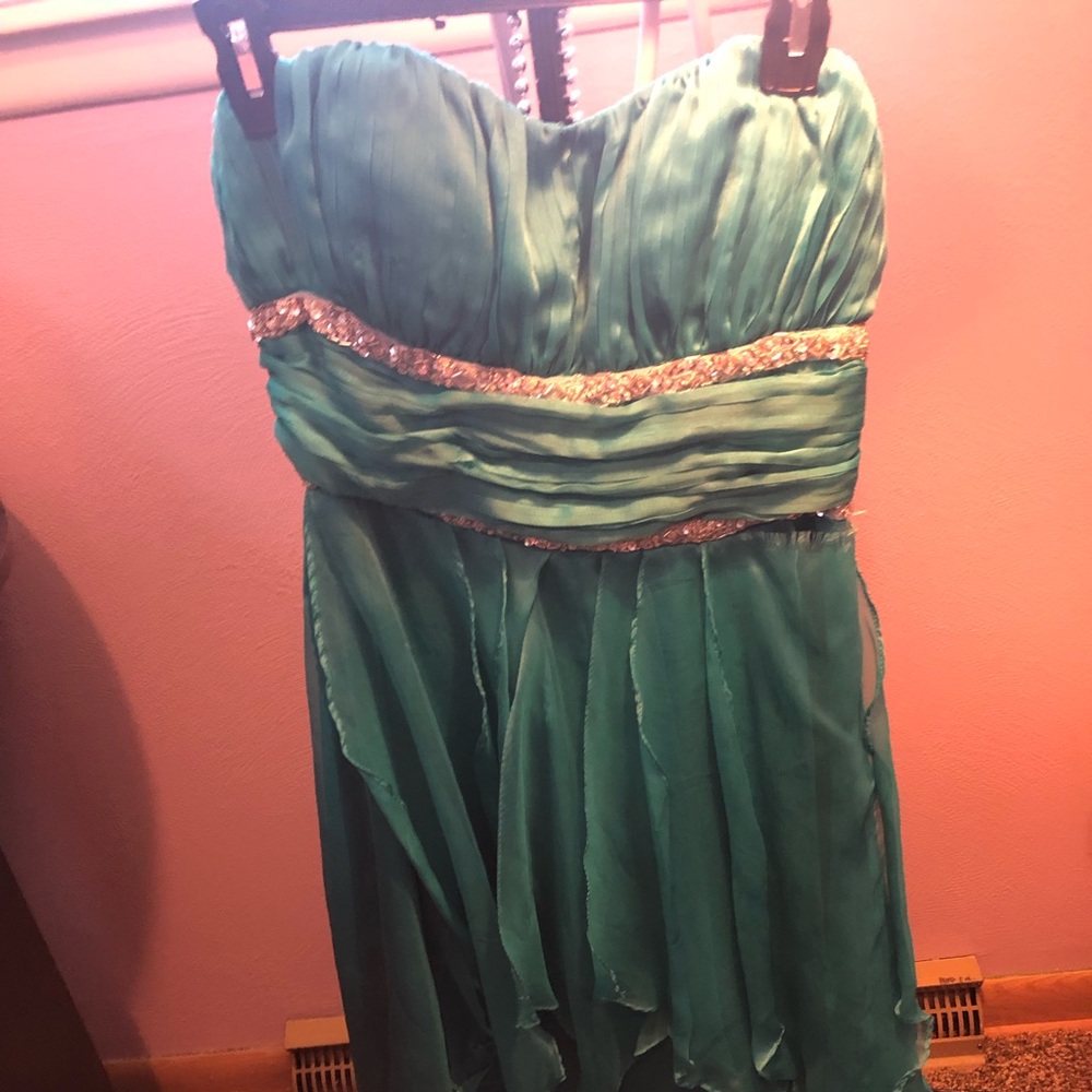 High low strapless blue prom dress